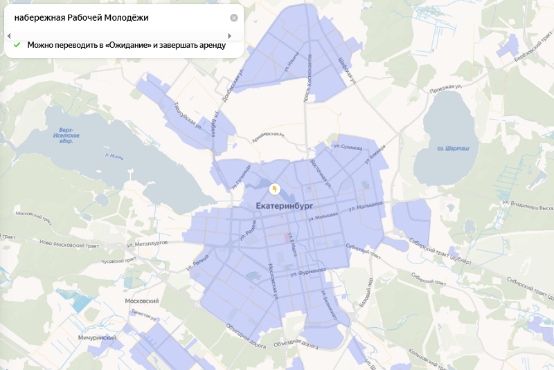 Зона покрытия Яндекс Драйв в Екатеринбурге